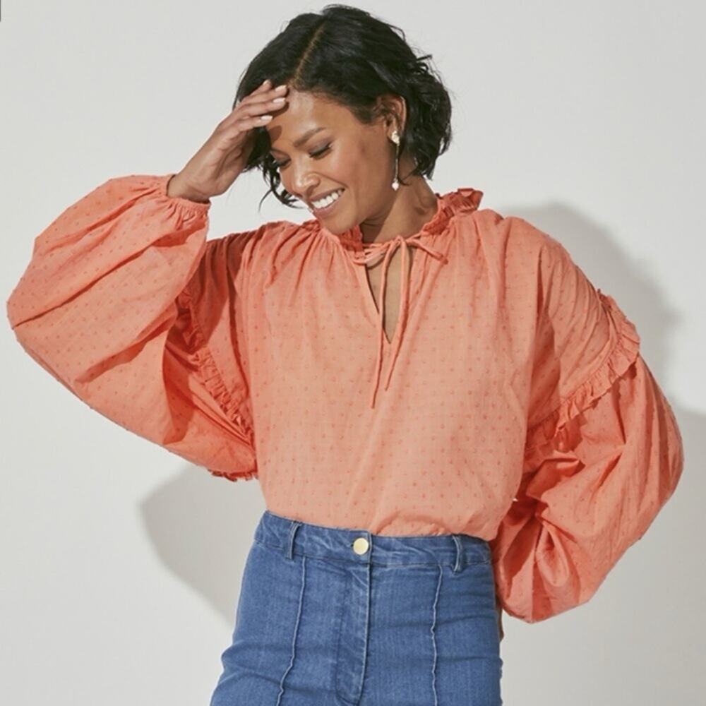 CLEOBELLA Phoenix Top Oversized Small Coral‎ Boho Organic Cotton Ruffle Peasant